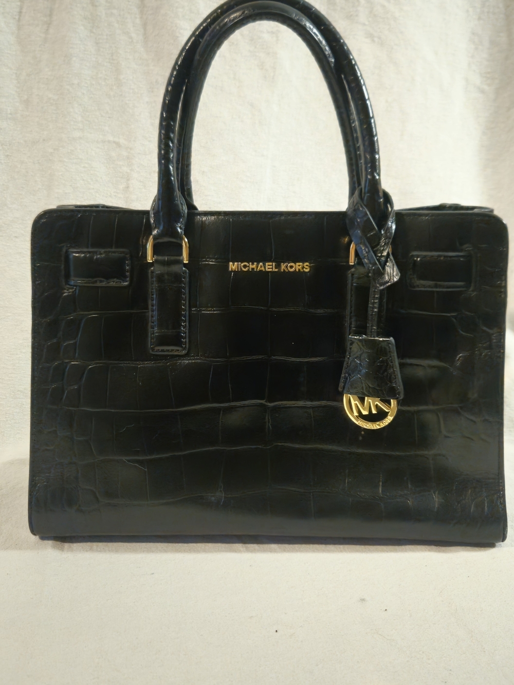 Michael Kors Black Croc-Embossed Leather Tote with Logo Plate